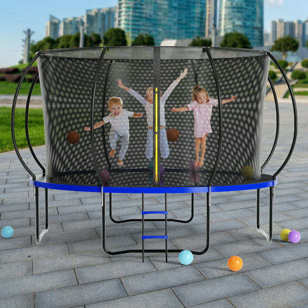 12FT Trampoline with Safe Enclosure Net, Ladder and Anti-Rust Coating, 660LBS Capacity Outdoor Trampoline with Waterproof Jump Mat, ASTM Approved for Kids Teens Adults (Blue)
