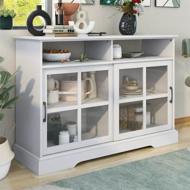 Accent Storage Cabinet, Wood Buffet Table with 2 Glass Sliding Doors & Adjustable Shelves, Modern Sideboard with for Living Room Entryway and Bedroom, 47.6”L x 15.5”W x 33”H, Antique White