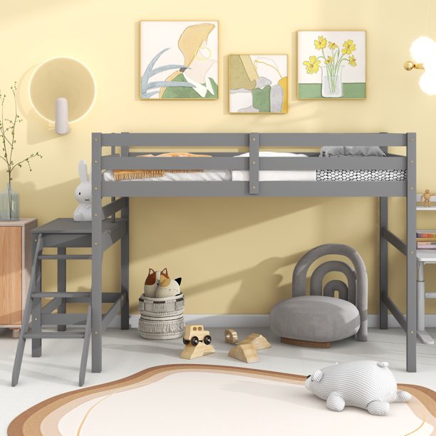 Full Size Loft Bed with Platform & Ladder, Wooden Storage Loft Bed Frame with Safety Guardrails, No Box Spring Needed, Gray