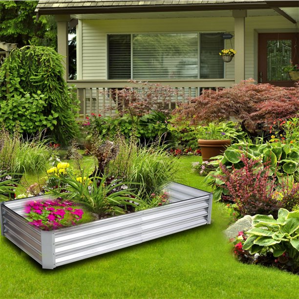 Galvanized Raised Garden Bed Kit, Large Heavy Metal Raised Garden Beds for Vegetables Flowers Herbs, Outdoor Square Planter Raised Garden Boxes Steel Kit, 4×4×1FT, Silver