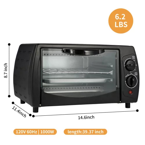 Toaster Oven 4 Slice, Multi-function Stainless Steel Finish with Timer - Toast - Bake - Broil Settings,9 L, Black/ Matte Stainless