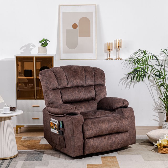 Oversized Recliner Chair for Adults, Large Single Sofa Recliners with Heat and Massage for Elderly Velvet Modern Reclining Sofa Chair with Cup Holders, Remote Control, 90°-150° Adjustable, Brown