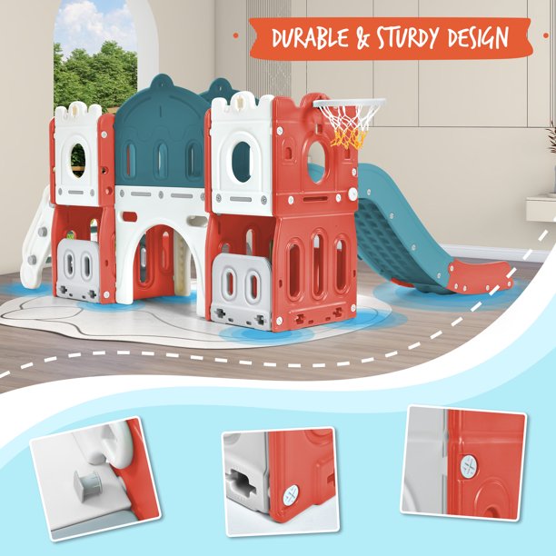 5 in 1 Toddler Slide Indoor Outdoor, Freestanding Castle Climber Playset with Slide and Basketball Hoop, Plastic Slides for Kids Toddlers Backyard Playground Activity with Toy Storage Organizer, Red