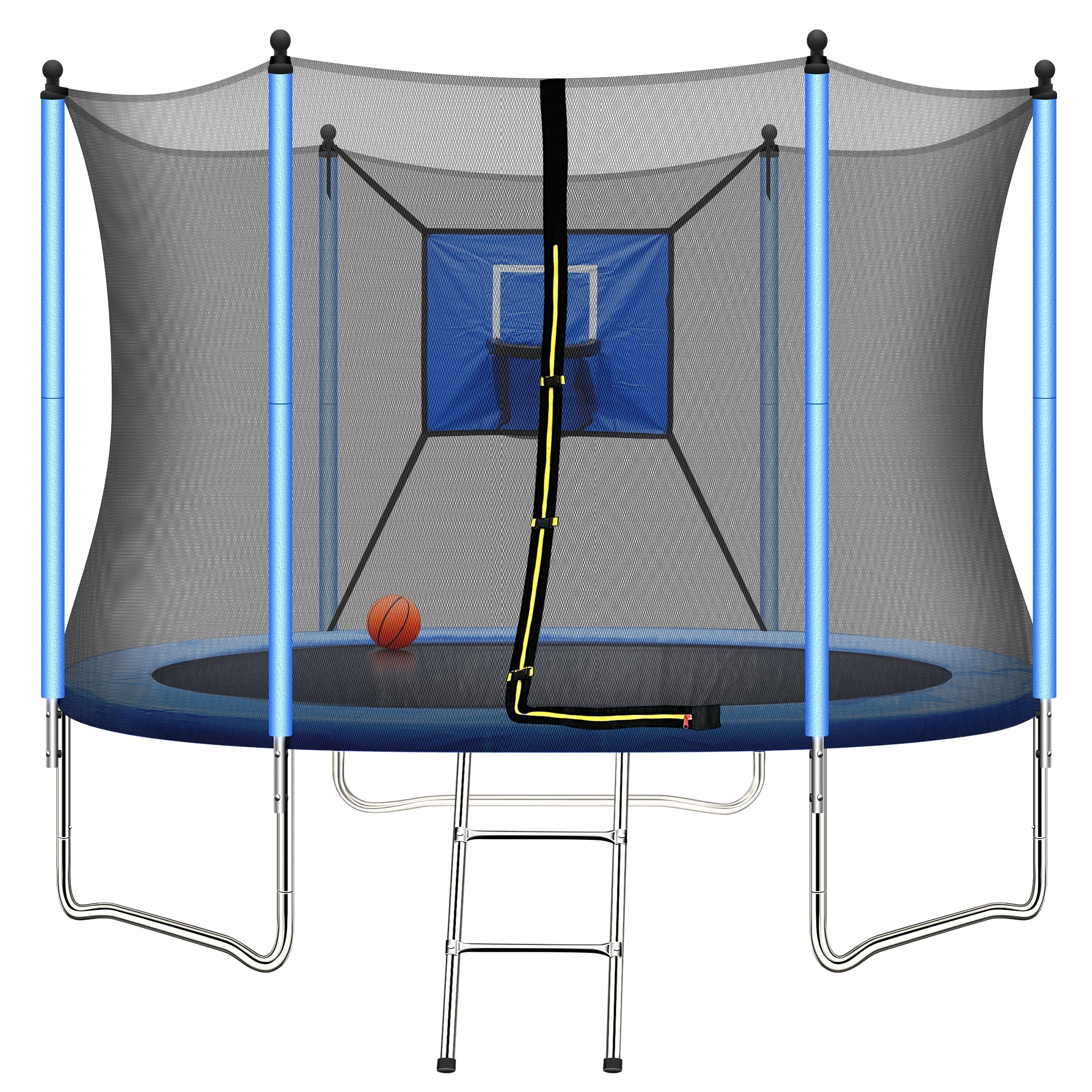 8 FT Outdoor Kids Trampoline, Fitness Trampoline Toys with Safe Enclosure Net, Basketball Hoop, 2 Steps Ladder, Recreational Trampolines for Kids, Toddler, Children, Yard, Indoor, Blue