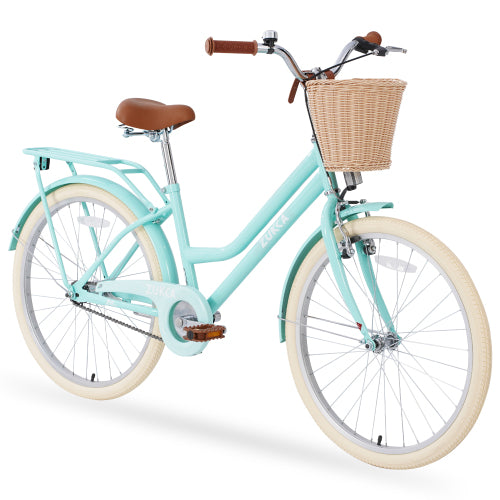 Kids Bike, 24 Inch Girls Bike with Basket, Kids' Bicycles with Handbrake & Kickstand for Ages 10+ Years, No Training Wheels, Mint Green