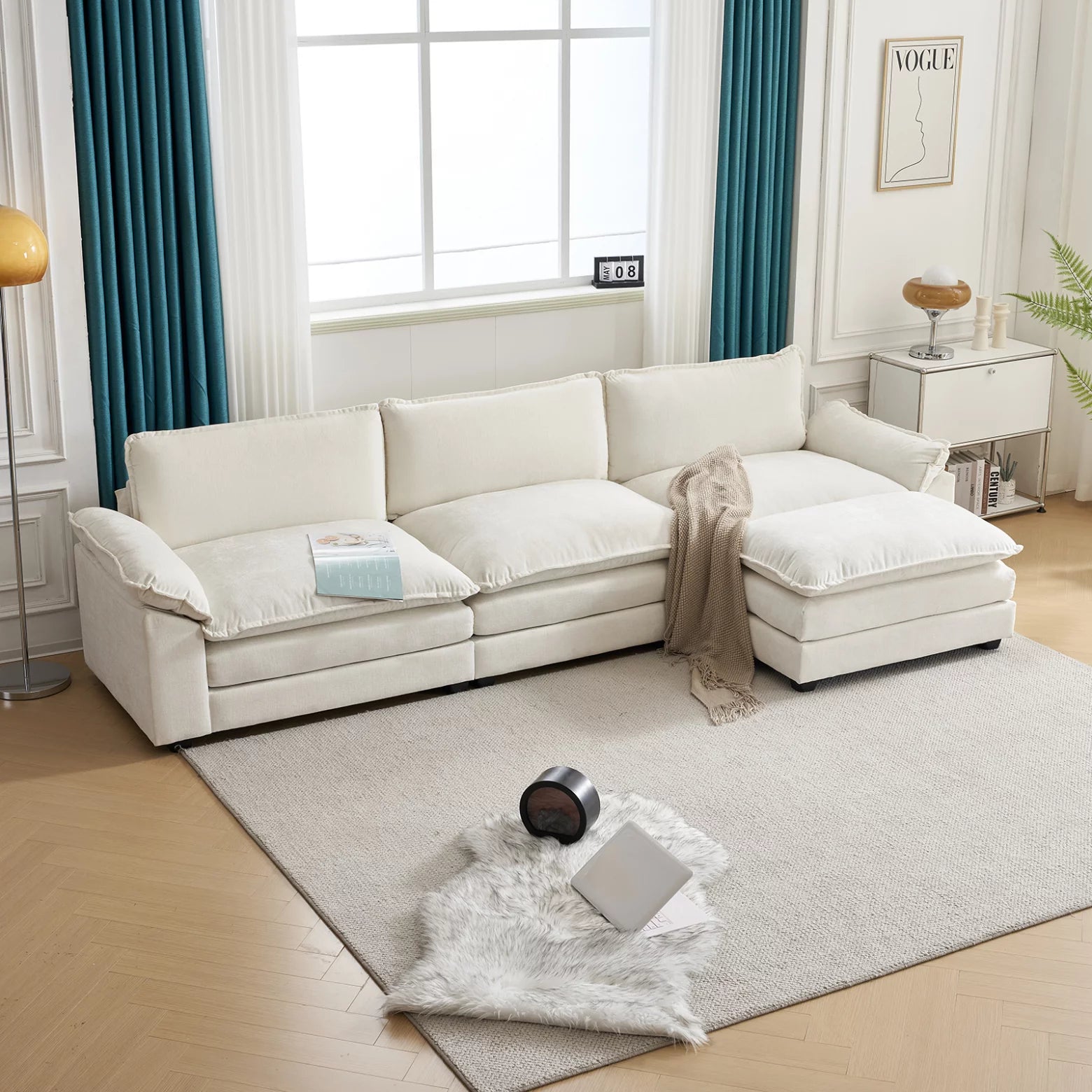 Chenille Fabric Modular Sofa with Footstool, L-Shape Couch with Armrests and Double Layer Seat Cushion, 3-Seat Convertible Sectional Sofa for Bedroom, Living Room, Apartment, White