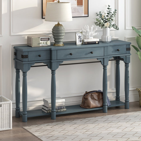 Mediterranean Retro-Style 60" Console Table,Entryway Table with Storage Drawers and Bottom Shelf,Sofa Side Table for Entryway, Hallway and Living Room,Dark Navy