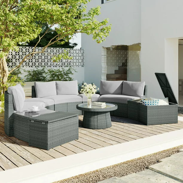Outdoor Patio Furniture, 10-Piece Outdoor Sectional Half Round Patio Rattan Sofa Set, PE Wicker Conversation Furniture Set for Free Combination, Light Gray