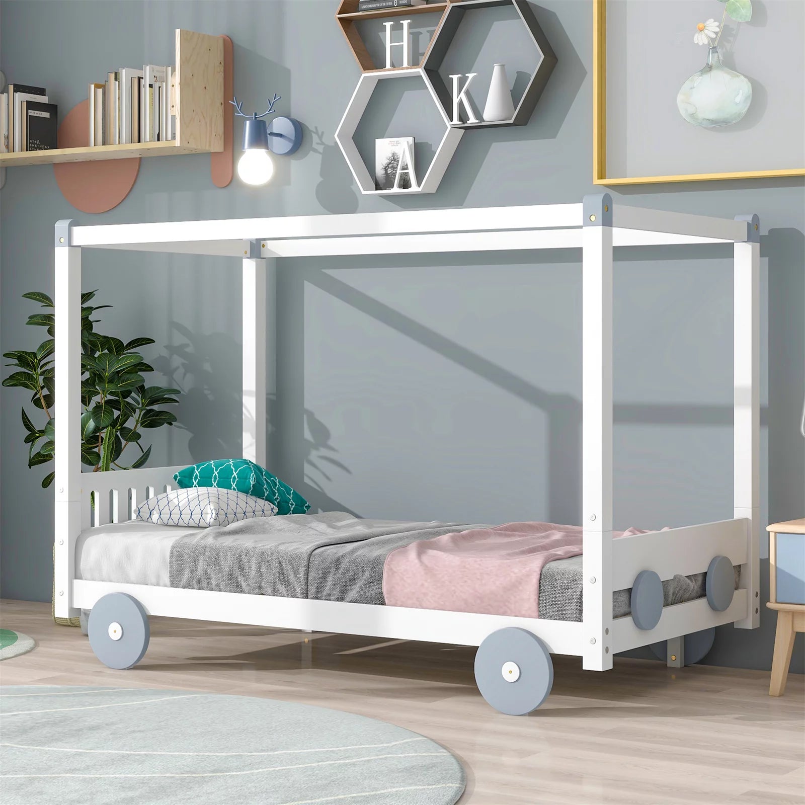 Twin Size Canopy Platform Bed, Wooden 4-Post Canopy Car-Shaped Platform Bed Frame with Wheels and Slats Support, Bedroom Mattress Foundation for Kids Girls Boys, No Box Spring Needed, White