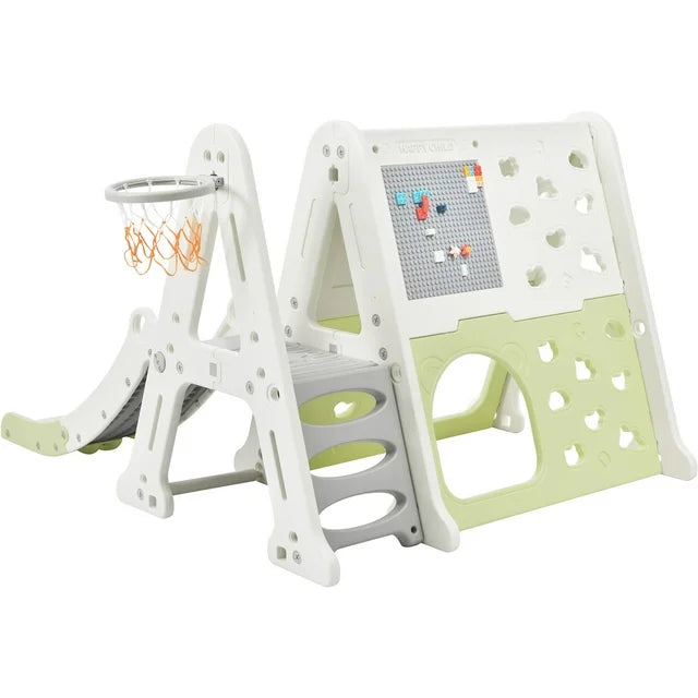 7 in 1 Toddler Climber and Slide Set Indoor Outdoor Backyard Kids Playground Climber Slide Playset with Tunnel, Climber, Whiteboard, Building Block Baseplates and Basketball Hoop for Babies, Green