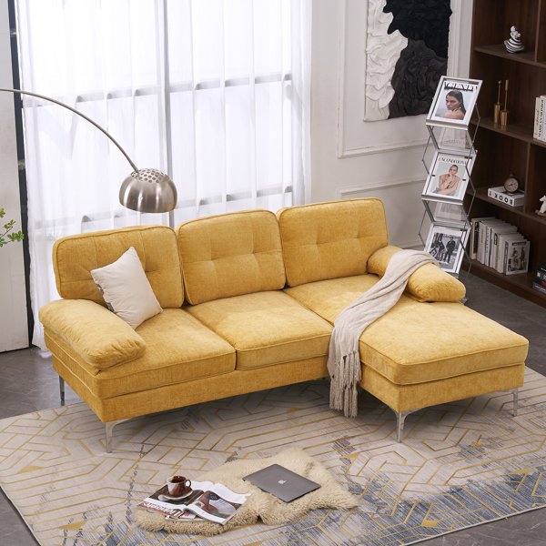 L Shape Upholstered Sofa Couch with Metal Leg,Modern Chenille Sectional Sofa, Living Room Furniture Sofa Set for Living Room Apartment Office(Yellow)