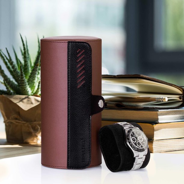 TRIPLE TREE Watch Roll, Travel Watch Case for 3 Watches, Travel Watch Box with Velvet Sections to Prevent Scratching or Impact, Brown