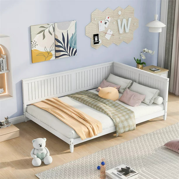 Full Size Daybed, Wooden Sofa Bed with Backrest and One Unique Armrest, Guest Bed with Wood Slat Support Dual-use Twin Size Platform Bed Frame for Living Room Bedroom, No Box Spring Needed (White)