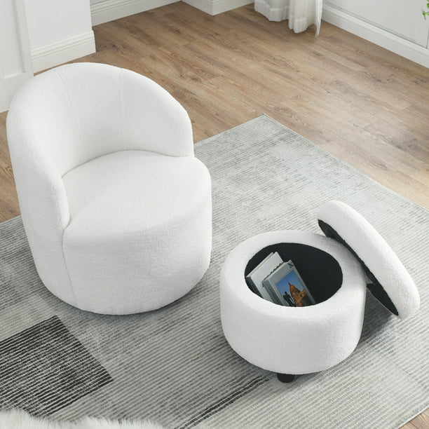 Swivel Accent Barrel Chair with Storage Ottoman, Modern Teddy Lounge Chair with with 360 Degree Swiveling Metal Base and Footrest, Comfy Single Leisure Sofa Chair Reading Chair for Living Room, White