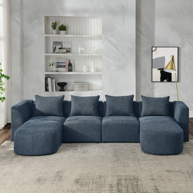 Sectional Sofa, U-Shaped Couch with 2 Single Seat and 2 Chaises, Modular Modern Sofa Couch with Ottoman, Filled Reversible Sofa Couch with Waist Pillows, Loop Yarn Fabric (Navy)