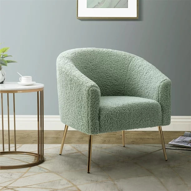 Comfortable Barrel Accent Chair, Modern Armchair Vanity Chair with Fluffy Appearance and Plated Metal Legs for Living Room, Bedroom and Office, Tufted Chair for Reading, 250 LBS Weight Capacity, Sage