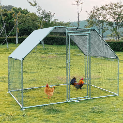Chicken Coop, 1.25'' Tube Large Metal Chicken Coop Walk-in Poultry Cage Chicken Run Chicken Pen Flat Roofed Cage with Waterproof and Anti-Ultraviolet Cover for Yard Farm Use (9.8' L x 6.6' W x 6.4' H)