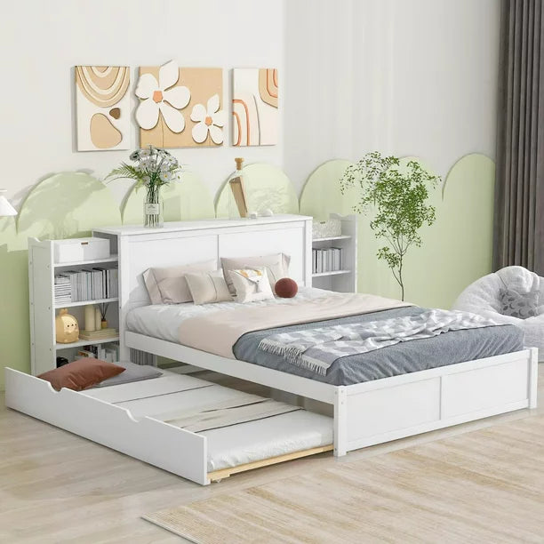 Queen Size Platform Bed Frame with Twin Size Trundle, Pine Wood Storage Headboard Bed with Pull Out Shelves, for Kids Adults, No Box Spring Required, White