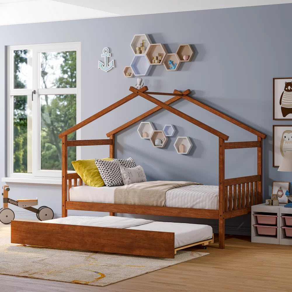 Twin Size Platform Bed with Twin Size Trundle,Solid Wood House Bed Frame with Headboard and Footboard,Space Saving House Bed for Kids Boys Girls,Walnut