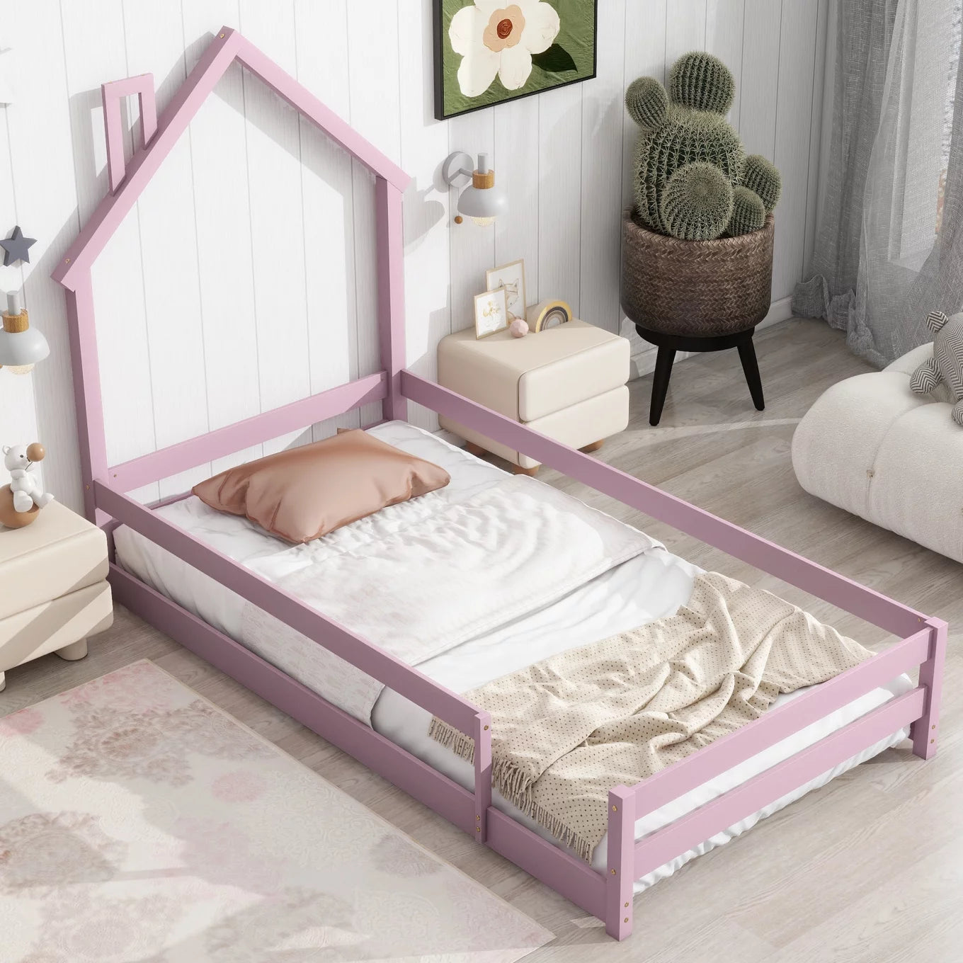 Twin Size Floor Bed Wooden Montessori Floor Bed with House-Shaped Headboard and Fence Guardrails Twin Bed Frame for Girls and Boys, No Weight Limit, Pink