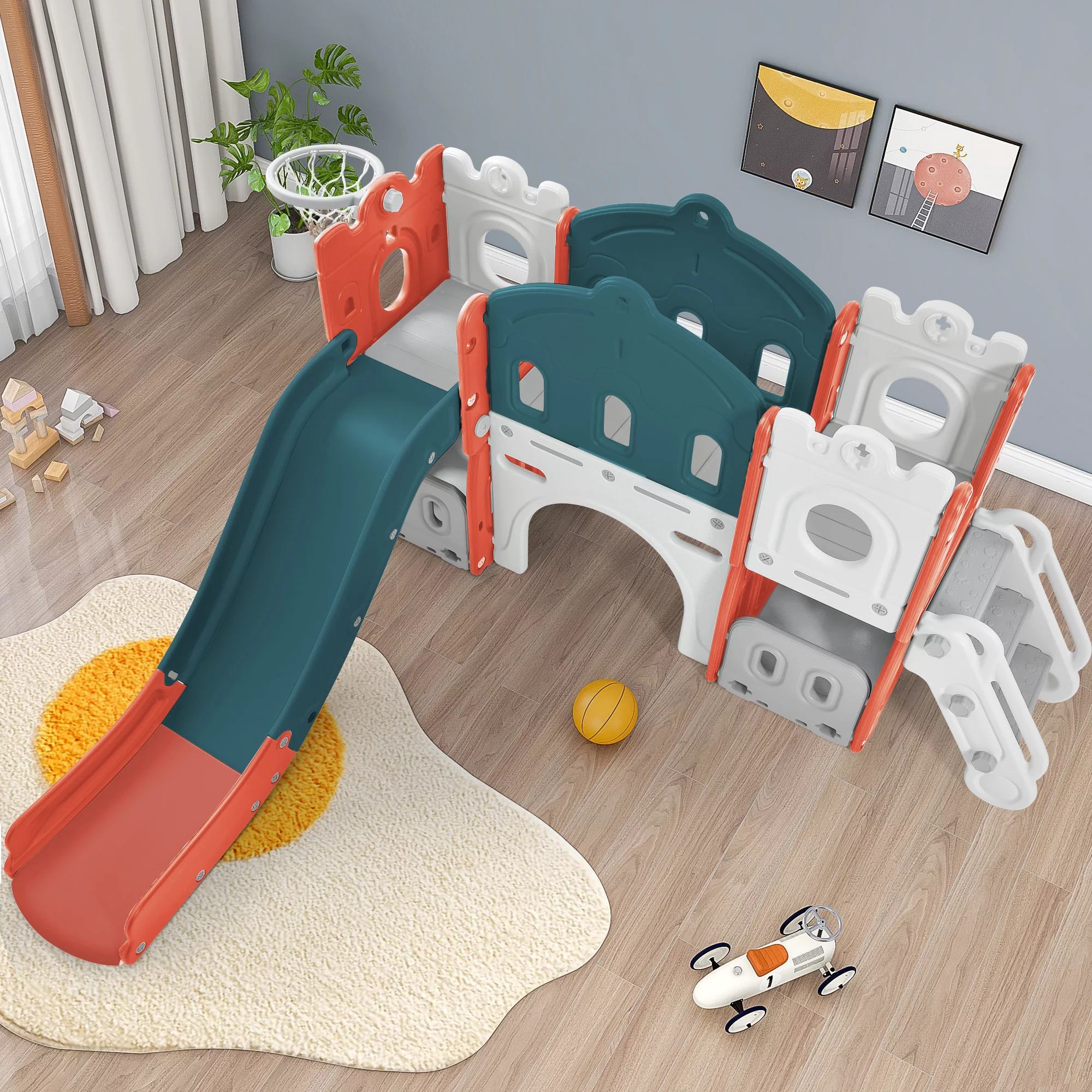 5 in 1 Toddler Slide Indoor Outdoor, Freestanding Castle Climber Playset with Slide and Basketball Hoop, Plastic Slides for Kids Toddlers Backyard Playground Activity with Toy Storage Organizer, Red