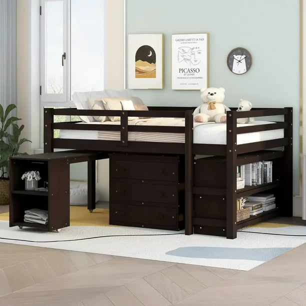 Full Size Loft Bed with Pull-out Desk, Wood Low Loft Bed with 3 Storage Drawers and 2-Tier Shelves, Storage Bed Frame with Ladder and Full-length Guardrails for Kids Teens Bedroom, Espresso