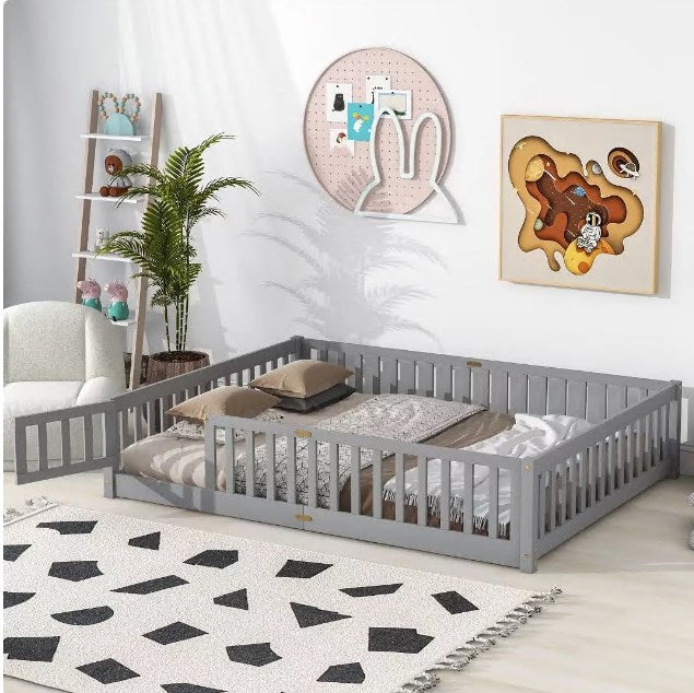 Triple Tree Queen Floor Bed Frame for Toddler, Montessori Floor Bed with Fence and Wood Slats for Girls Boys Kids Happy Time,Gray