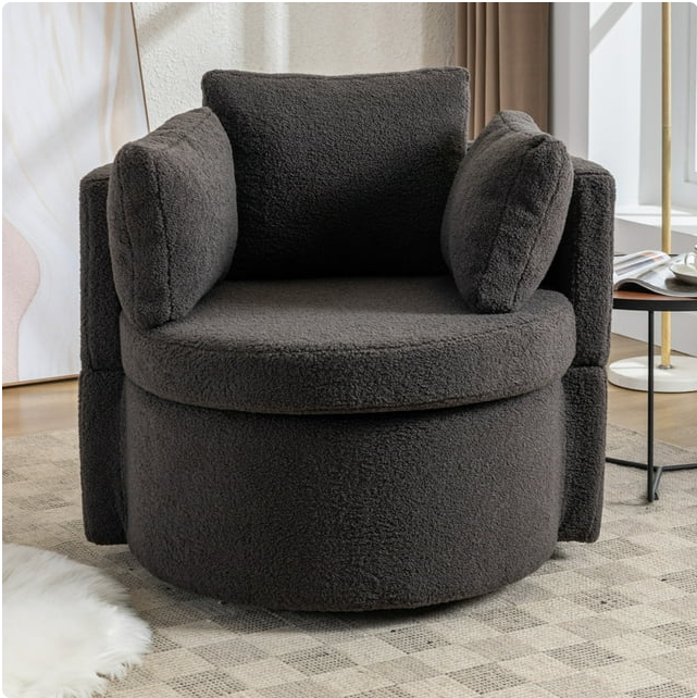 33.9" Swivel Barrel Chair with Storage, Teddy Fabric Upholstered Accent Chair with 3 Pillows, Swivel Round Sofa Chair for Nursery, Hotel, Bedroom, Office, Lounge, Dark Gray
