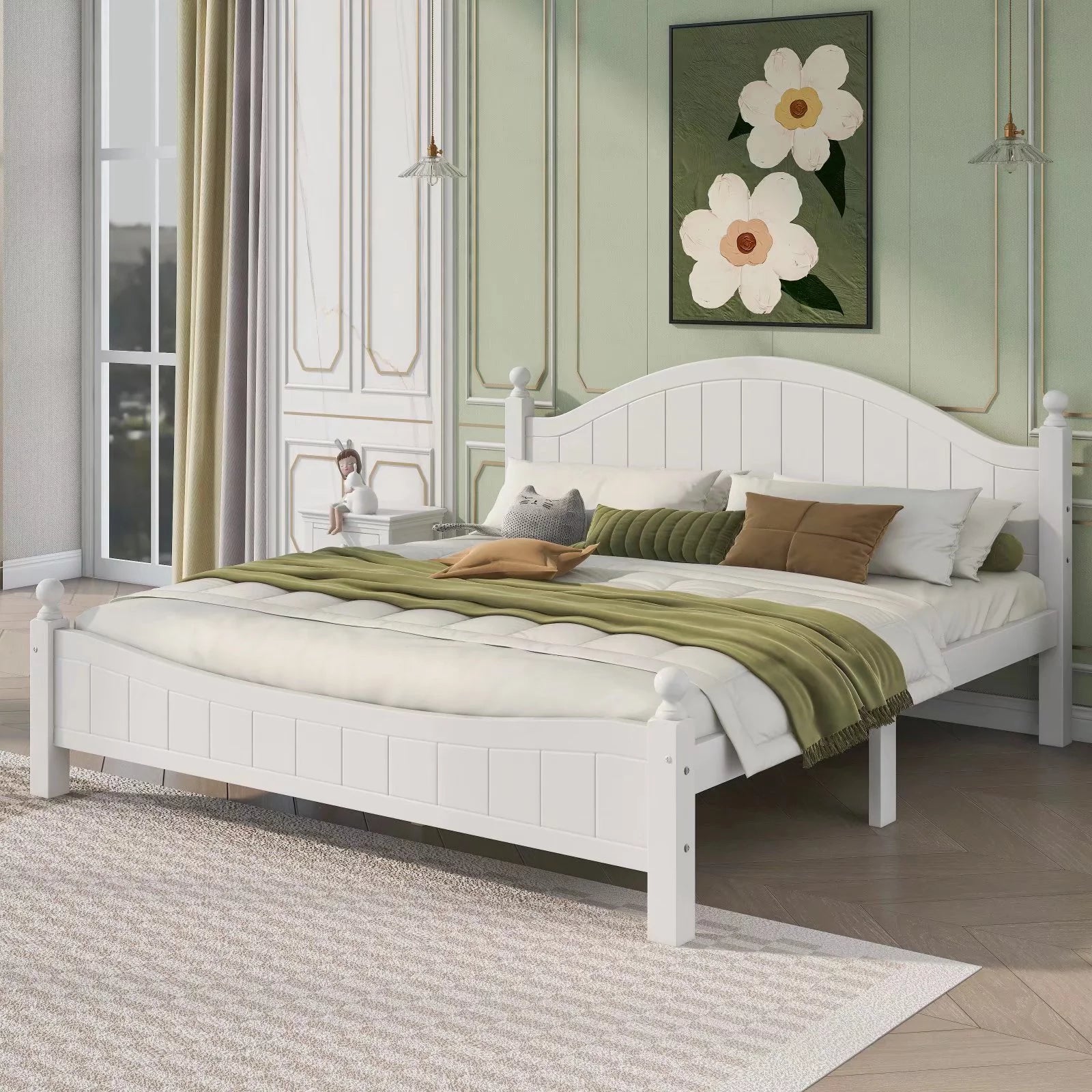 King Size Platform Bed, Solid Wood Bed Frame with Traditional Headboard and Solid Legs, King Bed Frame with Sturdy Slats Support for Kids Adults Bedroom, No Box Spring Needed, White