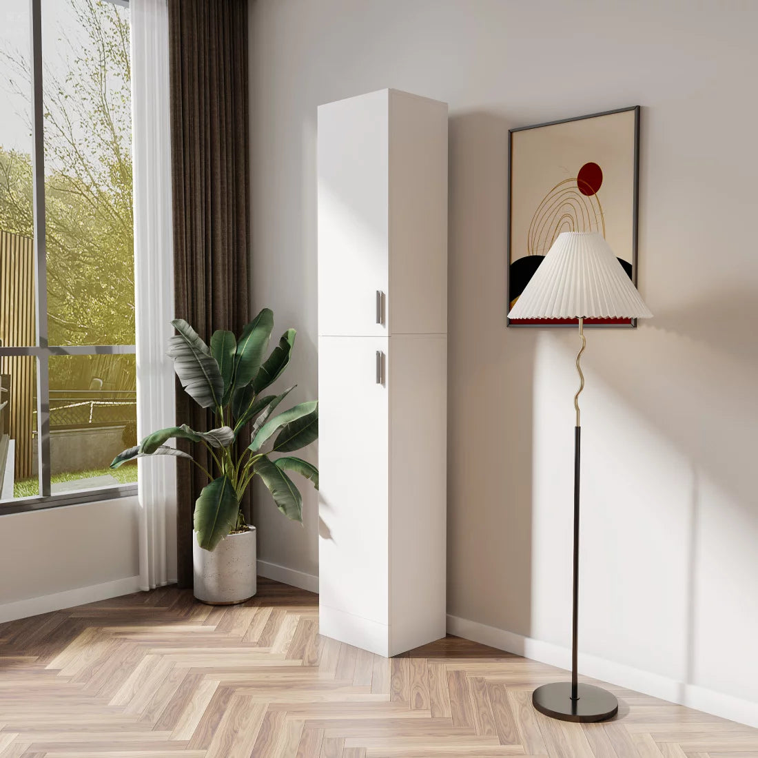 74.8'' Tall Kitchen Pantry Cabinet, Floor Freestanding Storage Cabinet with Inadjustable Shelves and Two Doors, Narrow Tall Cupboard for Dining Room, Living Room, Bedroom, Entryway, White