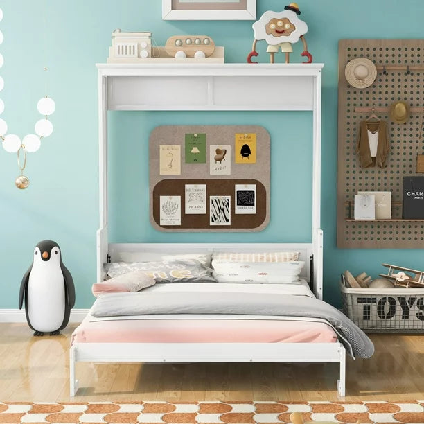 Queen Size Murphy Bed with Shelf, Solid Wood Mobile Murphy Chest Bed Cube Cabinet Bed, Murphy Platform Bed for Guest Room Home Office, White