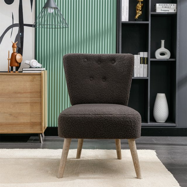 Teddy Fabric Slipper Chair Modern Accent Chair with Button Ergonomic Backrest, Upholstered Comfy Side Chair with Solid Wood Legs for Living Room Bedroom Make-Up Room, Dark Gray