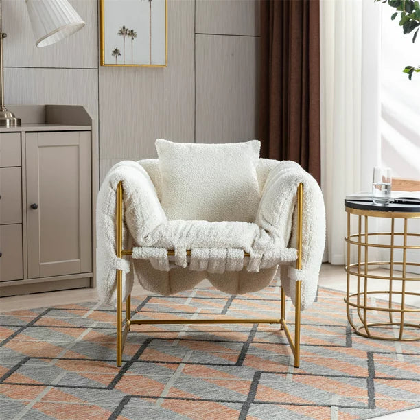 Accent Chair, Modern Leisure Single Sofa with Open Metal Frame, Retro Upholstered Armchair with Teddy Fabric Paded and Pillow, Comfy Side Lounge Chair for Living Room Bedroom Waiting Room, White