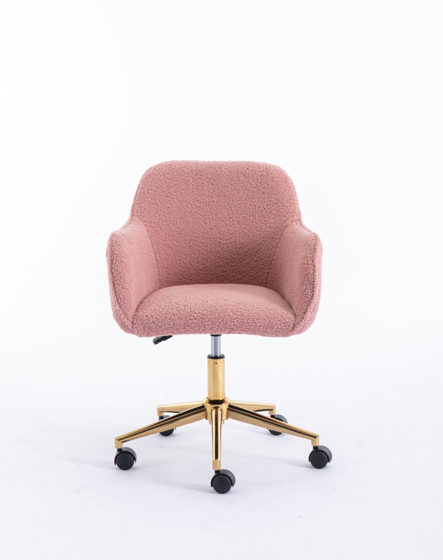 Adjustable Height 360 Revolving Home Office Chair, Soft Wool Fabric Material Desk Chair with Gold Metal Legs and Universal Wheels, Modern Computer Chair for Indoor, Pink Teddy