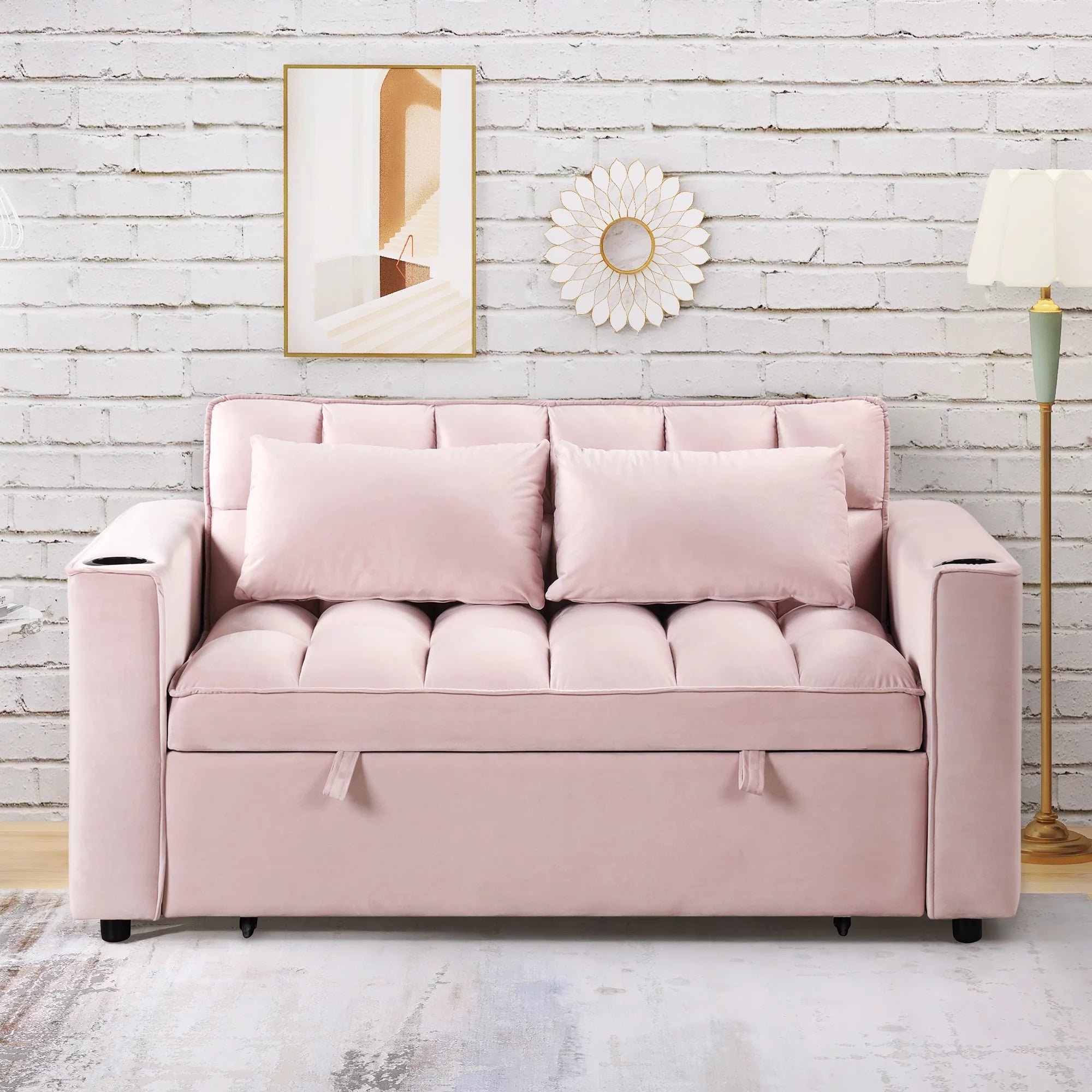 4-1 Convertible Sleeper Sofa Bed, Modern Velvet Loveseat Futon Sofa Couch with Cup Holder and USB Port, Small Love Seat Lounge Sofa with Pullout Bed, Toss Pillows, Pockets for Living Room, Pink
