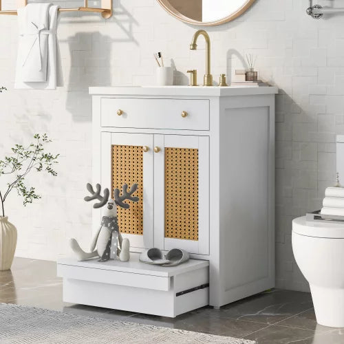 Bathroom Vanity Cabinet with Single Sink and Pull-Out Footrest, 24" White Combo Cabinet Undermount Sink, Bathroom Storage Cabinet with Solid Wood Frame