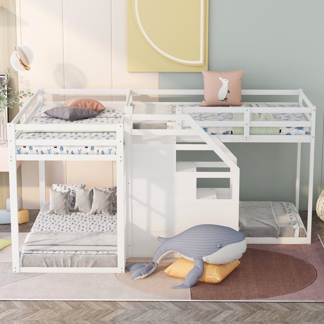 Twin Over Twin L-Shaped Bunk Bed with Built-in Middle Staircase and Storage, Wood Bunk Beds for 4, No Box Spring Needed, White