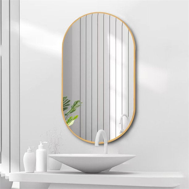 Oval Bathroom Vanity Mirror, One-piece HD Sliver Wall Mirror with Stainless Steel Frame & Pre-Set Hooks for Vertical & Horizontal Hang, 36x18’’ Wall Mounted Vanity Mirror for Bedroom Entryway, Gold