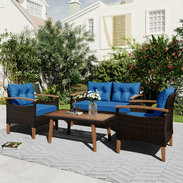 4-Piece Outdoor Sofa Set, PE Rattan Patio Sofa Set with 2 Single Chair, 1 Loveseat and 1 Wood Table, Patio Furniture Set with Solid Legs for Pool Side,Backyard,Garden, Blue