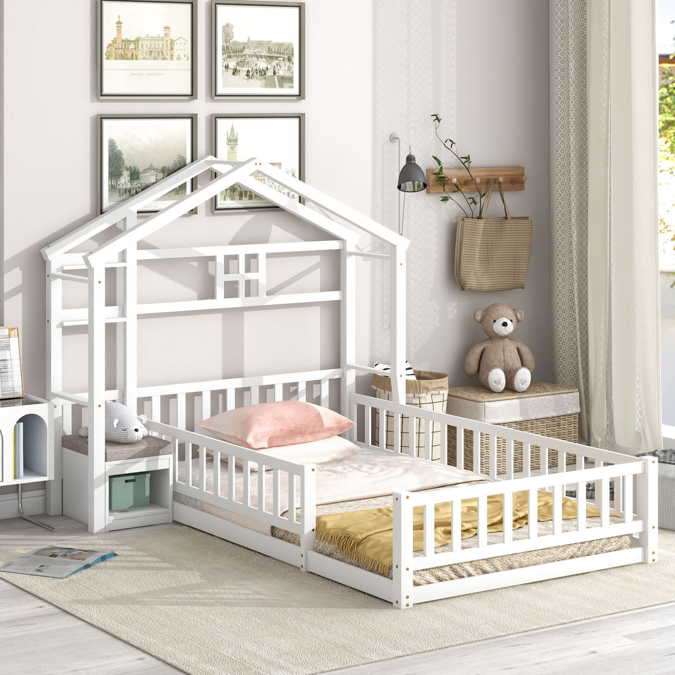 Twin Size Floor Bed with House-Shaped Headboard, Montessori Bed Frame with Fence Guardrails and Cushion Stand for Kids Toddlers and Teens, Easy Assembly, No Box Spring Needed, White