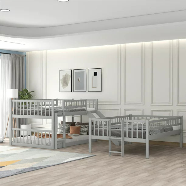 Triple Full Over Full Over Full Bunk Bed with Slide, Built-in Ladder and Safety Guardrail, Convertible Triple Beds for Kids Teens Adults, Gray, 78.7" L x 57.9" W x 76.5" H