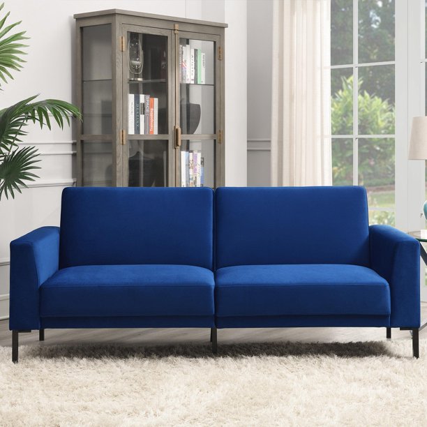 Velvet Upholstered Modern Convertible Folding Futon Sofa Bed for Compact Living Space, Apartment, Dorm, Blue