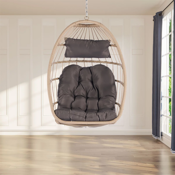 Indoor Outdoor Egg Swing Chair Without Stand,Patio Wicker Rattan Hanging Chair with Cushion,350lbs Capacity,Foldable Swing Chair Hanging Egg Chair,All Weather Foldable Hammock Chair,Dark Gray