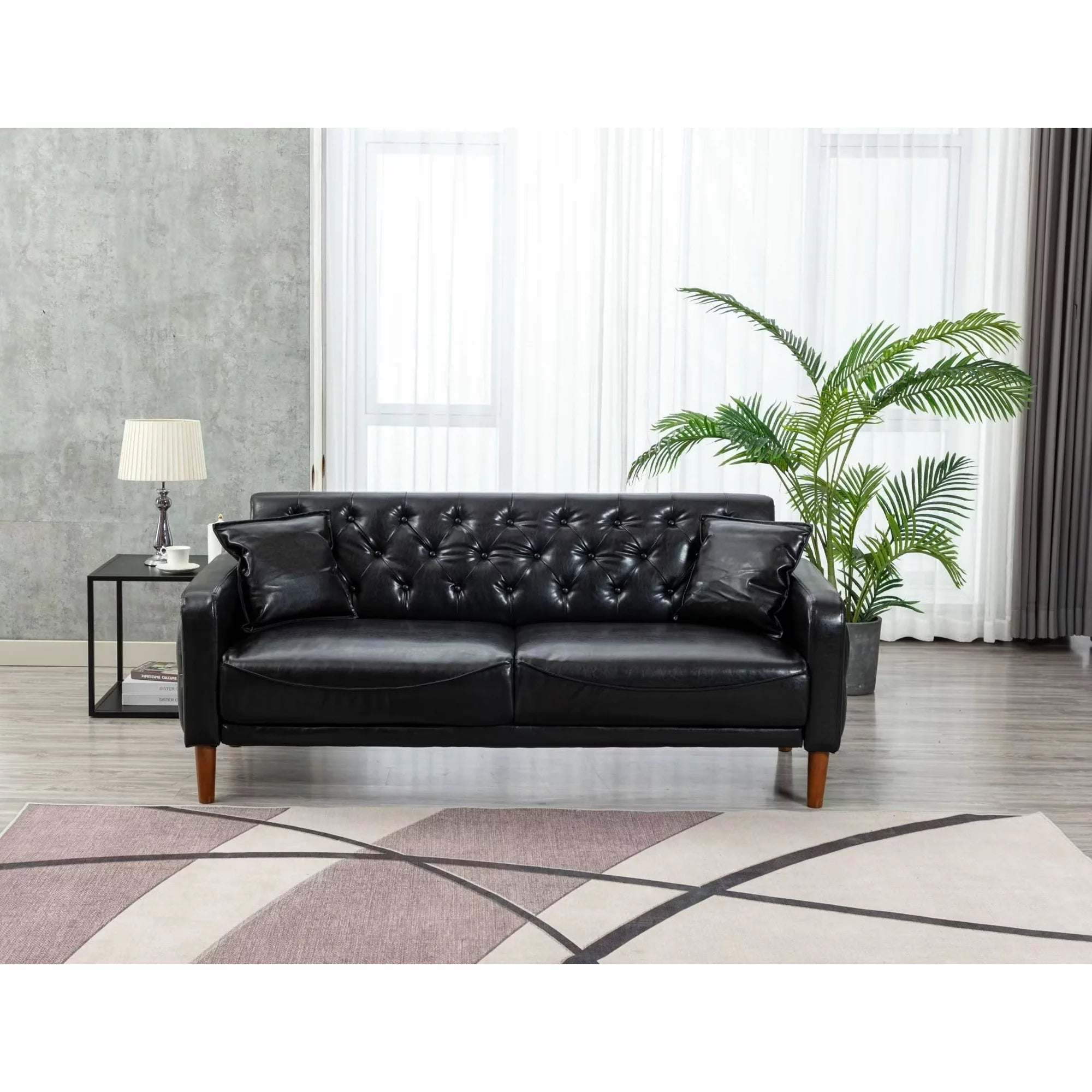 78inch PU Leather Sofa, Mid-Century Modern Button Tufted Couch with 2 Pillows and Armrest, 3-seater Sofa for Living Room Bedroom Office, Black