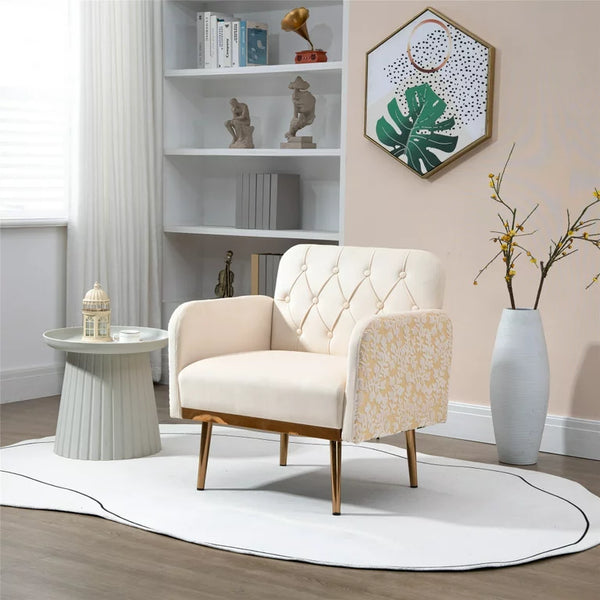 Mid Century Modern Accent Chair, Velvet Fabric Single Lounge Reading Armchair with Button Tufted & Side 3D Pattern, Upholstered Comfy Accent Arm Chair with Tapered Legs for Living Room, Bedroom, Beige