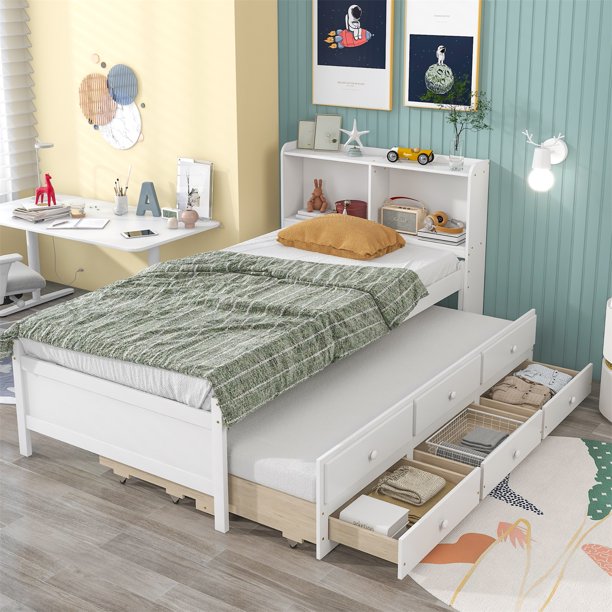 Twin Size Platform Bed, Wood Platform Bed with Twin Trundle and 3 Storage Drawers for Kids Teens, Space Saving Storage Bed Frame with Bookcase Headboard for Bedroom, No Box Spring Needed, White