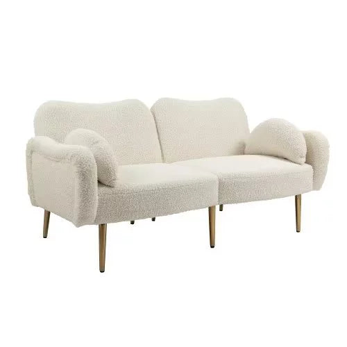 Velvet Loveseat Sofa Couch with Adjustable Backrest,Upholstered Accent Sofa with 2 Bolster Pillows and Metal Legs,Living Room Sofa Couch for Small Space Office,White Teddy