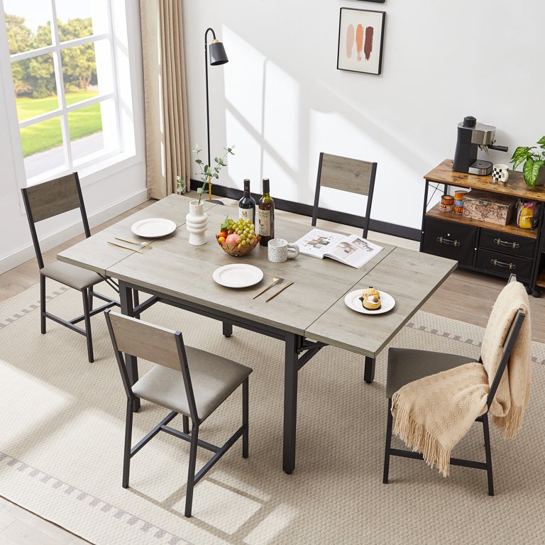 Drop Leaf Kitchen Table for 2-6 People, Small Folding Dining Table with Storage Rack and 1.2 Inches Thick Table Top, Extendable Dining Table for Apartment, Small Spaces, Grey