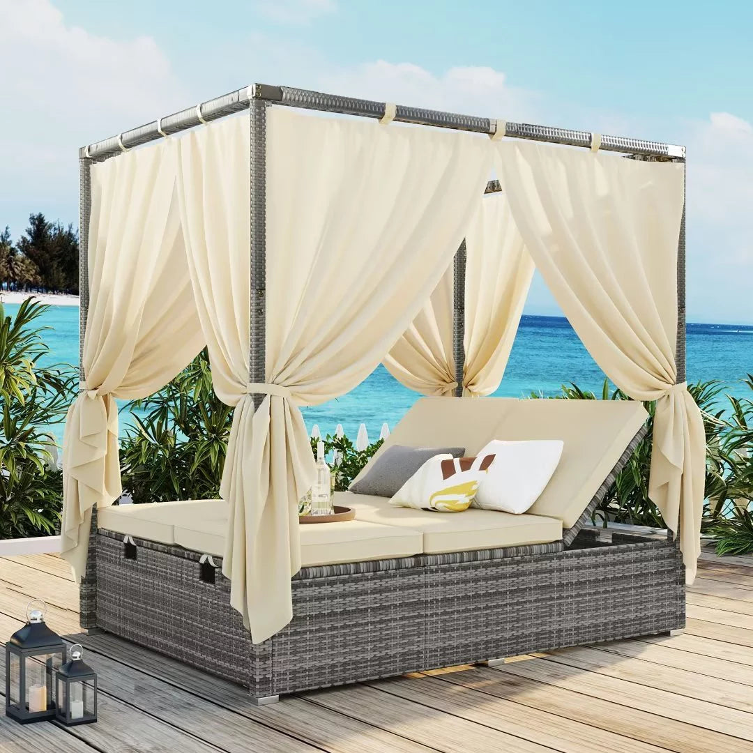Patio Chaise Lounge for 2-6P, Outdoor Wicker Sunbed Canopy Daybed w/Adjustable Seat & Curtains, Weaving Reclining Chair Rattan Lounger Sofa Bed w/Steel Frame & Cushion for Garden Backyard, Beige