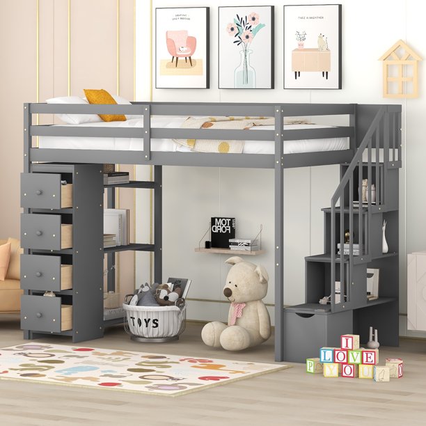 Twin Size Loft Bed with Staircases for Kids, Solid Wood Bed Frame with Built-in Storage Drawers and 3-Tier Shelves, Modern Versatile Bed with Safety Guardrails for Boys and Girls, Gray
